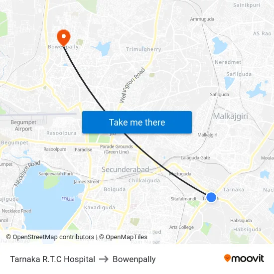 Tarnaka R.T.C Hospital to Bowenpally map