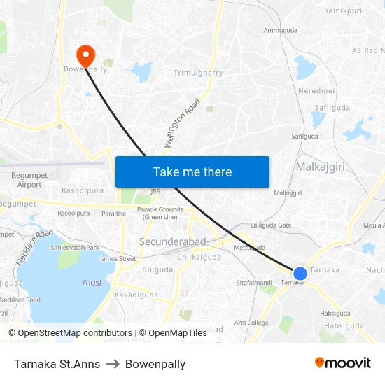 Tarnaka St.Anns to Bowenpally map
