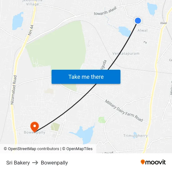 Sri Bakery to Bowenpally map