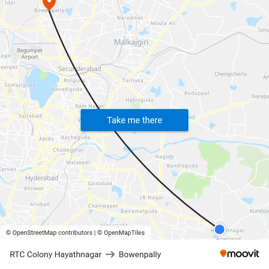 RTC Colony Hayathnagar to Bowenpally map