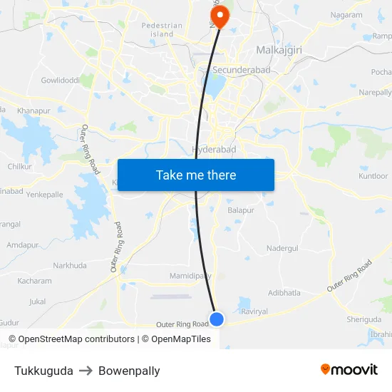 Tukkuguda to Bowenpally map