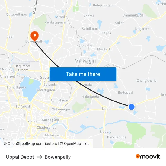 Uppal Depot to Bowenpally map