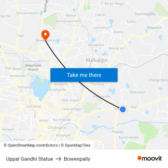 Uppal Gandhi Statue to Bowenpally map