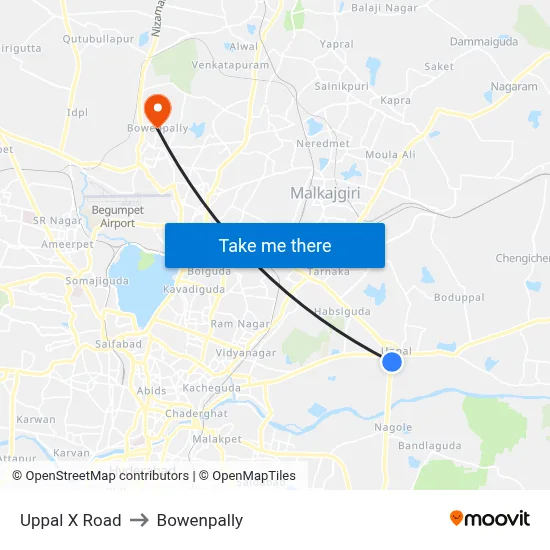 Uppal X Road to Bowenpally map