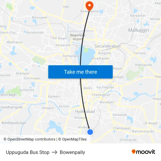 Uppuguda Bus Stop to Bowenpally map