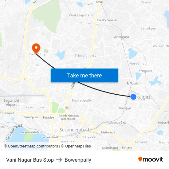Vani Nagar Bus Stop to Bowenpally map