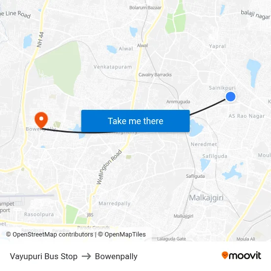 Vayupuri Bus Stop to Bowenpally map