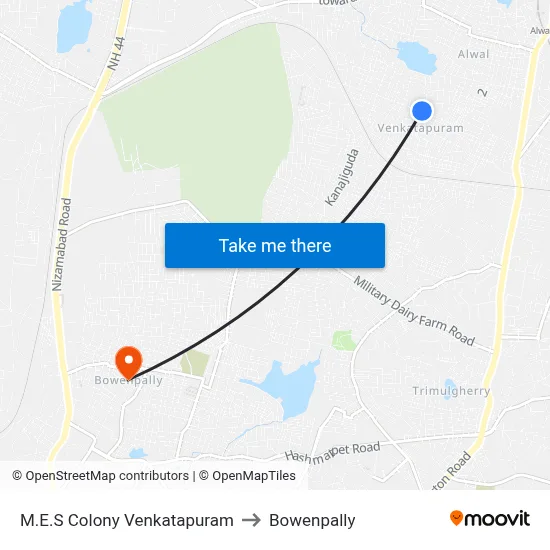M.E.S Colony Venkatapuram to Bowenpally map
