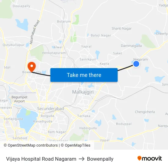 Vijaya Hospital Road Nagaram to Bowenpally map