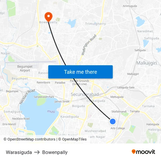 Warasiguda to Bowenpally map