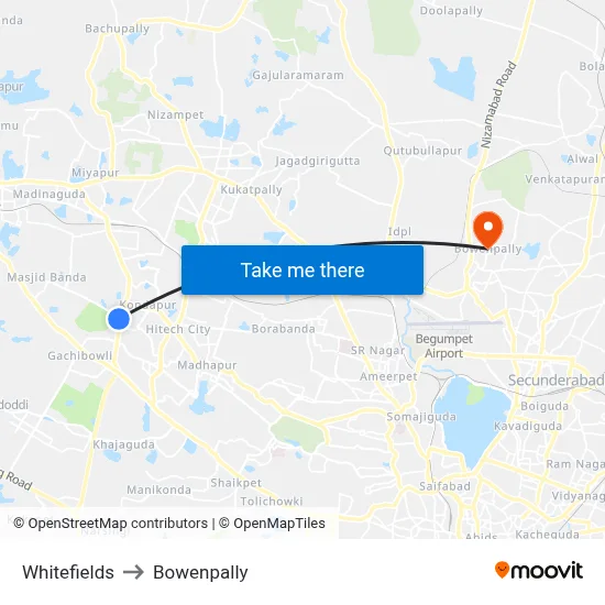 Whitefields to Bowenpally map