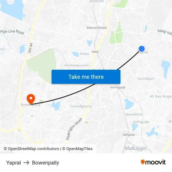 Yapral to Bowenpally map