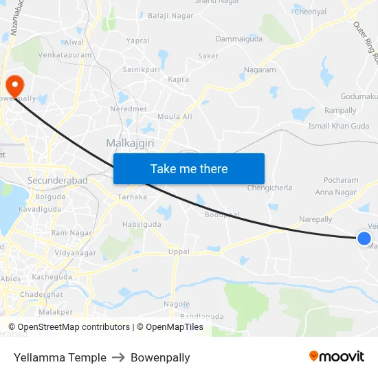 Yellamma Temple to Bowenpally map