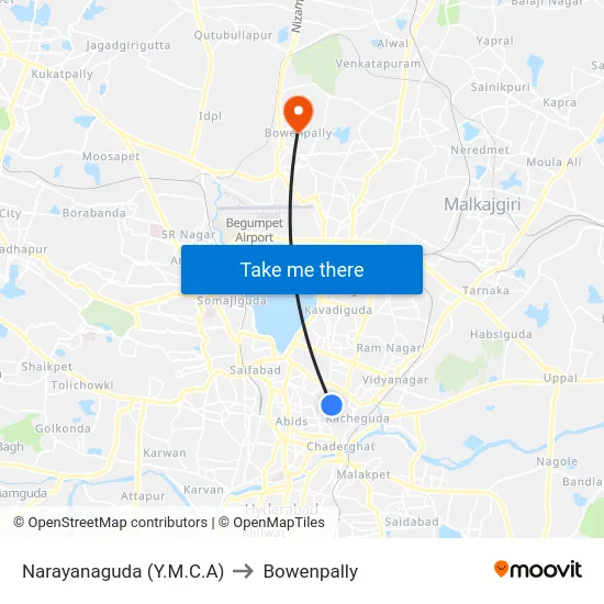 Narayanaguda (Y.M.C.A) to Bowenpally map