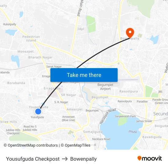 Yousufguda Checkpost to Bowenpally map