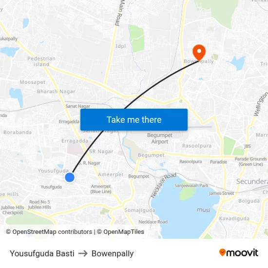 Yousufguda Basti to Bowenpally map