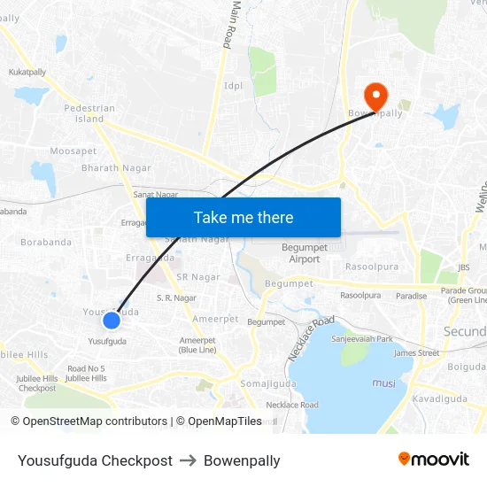 Yousufguda Checkpost to Bowenpally map