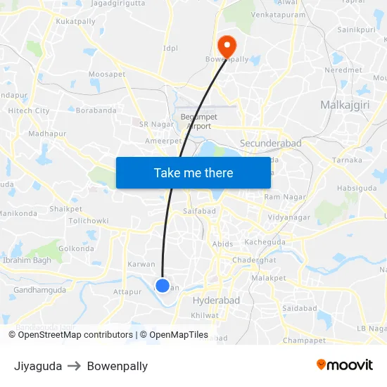 Jiyaguda to Bowenpally map