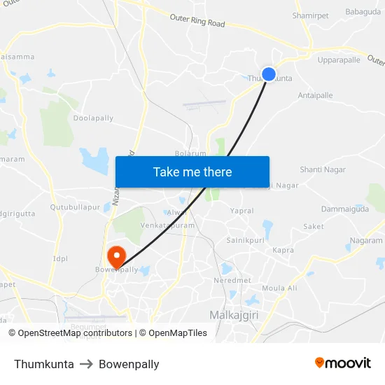 Thumkunta to Bowenpally map