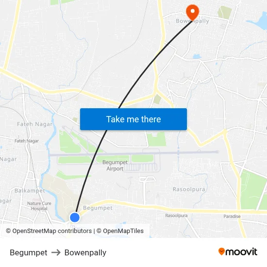 Begumpet to Bowenpally map