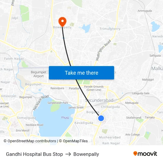 Gandhi Hospital Bus Stop to Bowenpally map