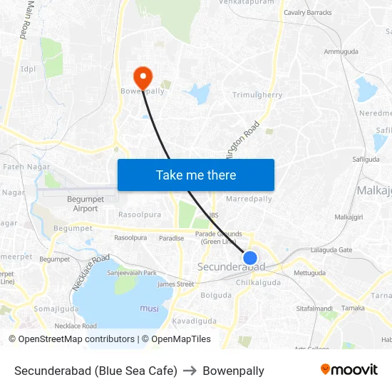 Secunderabad (Blue Sea Cafe) to Bowenpally map