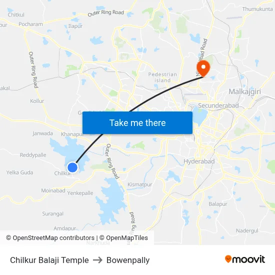 Chilkur Balaji Temple to Bowenpally map