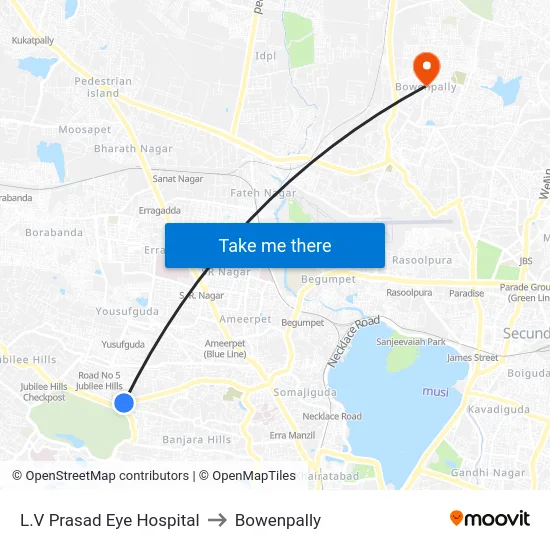 L.V Prasad Eye Hospital to Bowenpally map