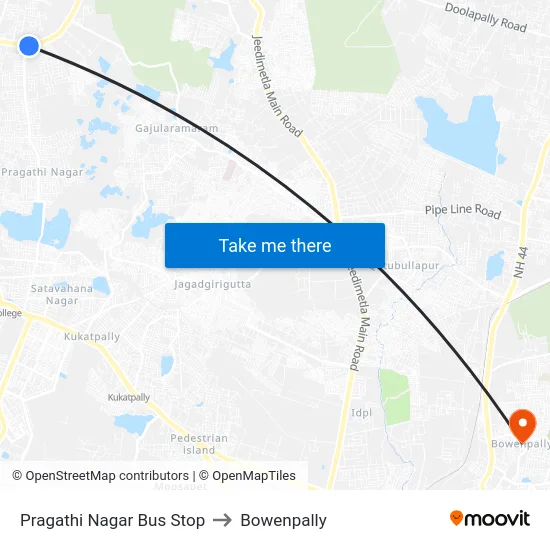 Pragathi Nagar Bus Stop to Bowenpally map