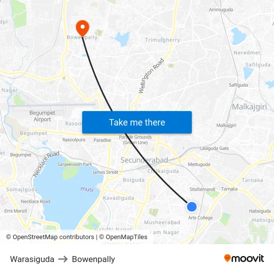 Warasiguda to Bowenpally map