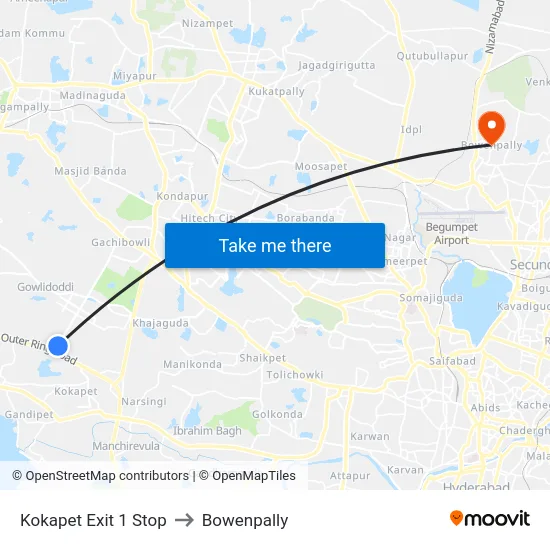Kokapet Exit 1 Stop to Bowenpally map