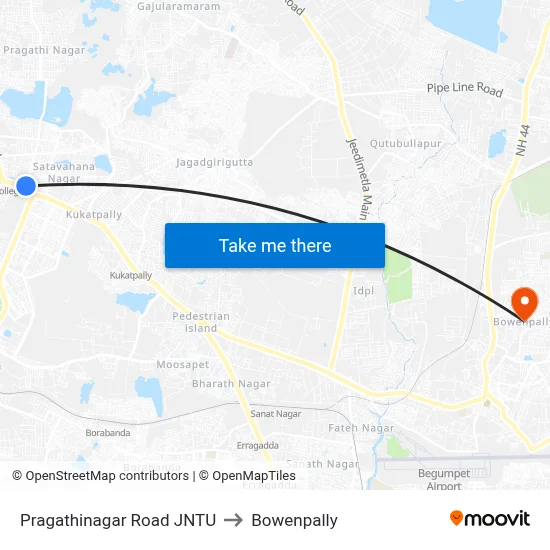 Pragathinagar Road JNTU to Bowenpally map