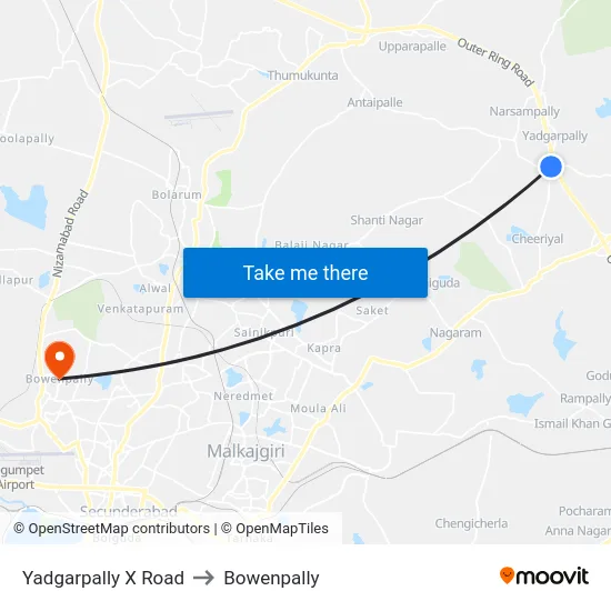 Yadgarpally X Road to Bowenpally map