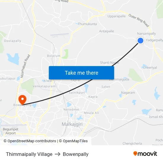 Thimmaipally Village to Bowenpally map