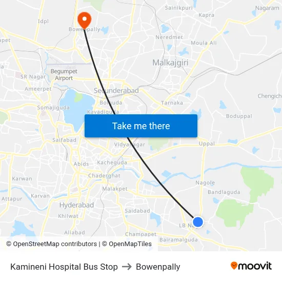 Kamineni Hospital Bus Stop to Bowenpally map