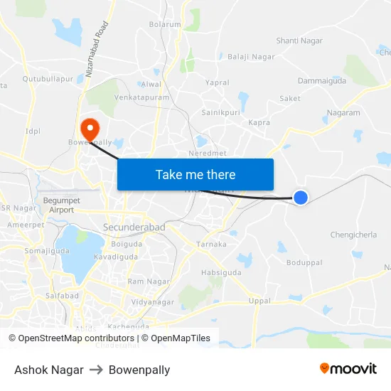Ashok Nagar to Bowenpally map