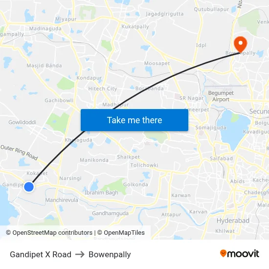 Gandipet X Road to Bowenpally map