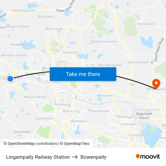 Lingampally Railway Station to Bowenpally map