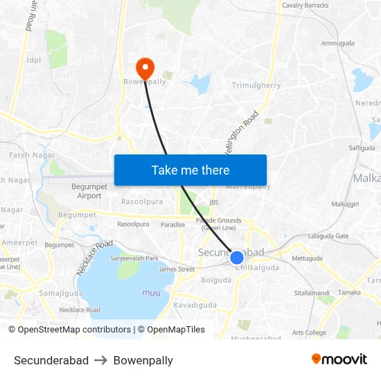 Secunderabad to Bowenpally map