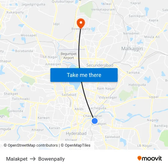 Malakpet to Bowenpally map