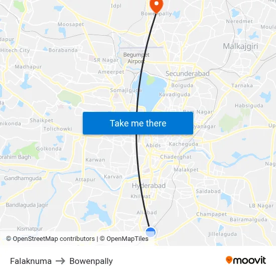Falaknuma to Bowenpally map
