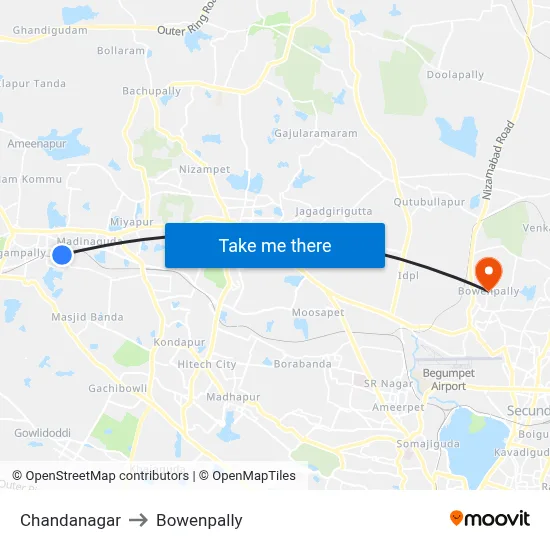 Chandanagar to Bowenpally map