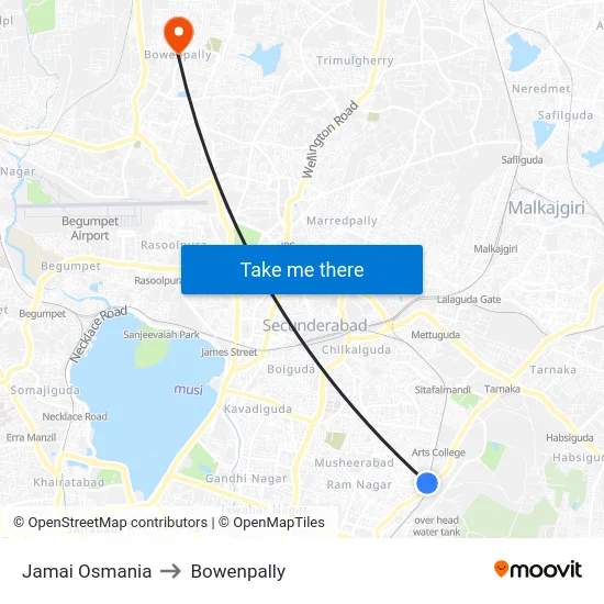 Jamai Osmania to Bowenpally map
