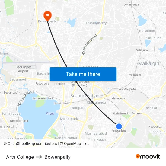 Arts College to Bowenpally map
