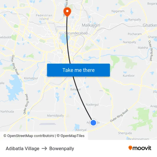 Adibatla Village to Bowenpally map