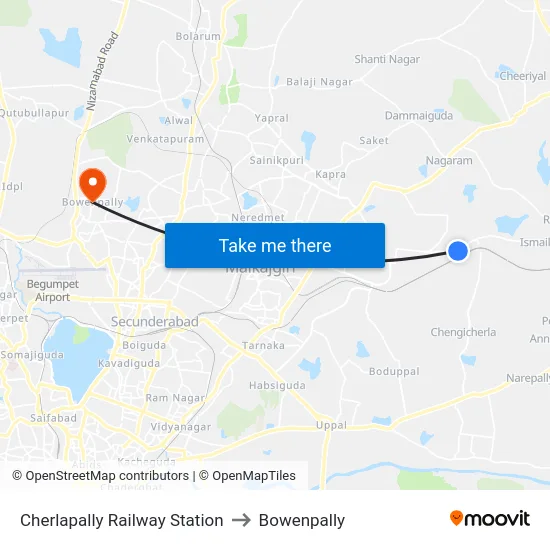 Cherlapally Railway Station to Bowenpally map