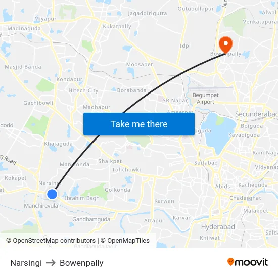 Narsingi to Bowenpally map