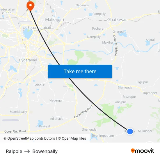 Raipole to Bowenpally map