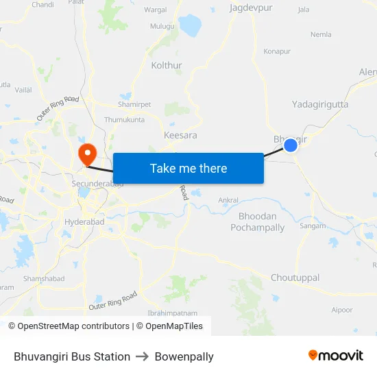 Bhuvangiri Bus Station to Bowenpally map