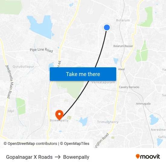 Gopalnagar X Roads to Bowenpally map